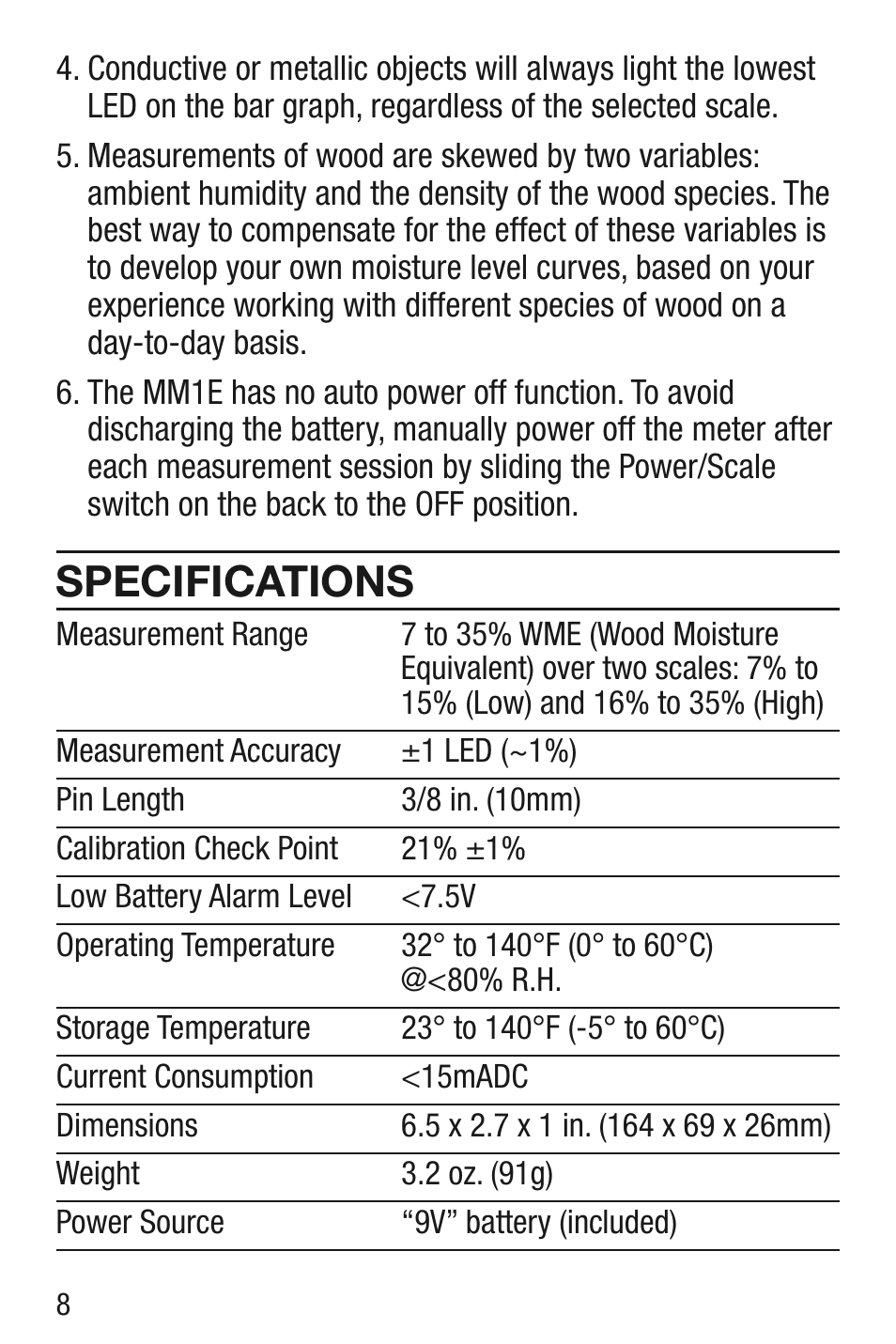 Specifications | General Tools and Instruments MM1E v.1 User Manual | Page 8 / 32
