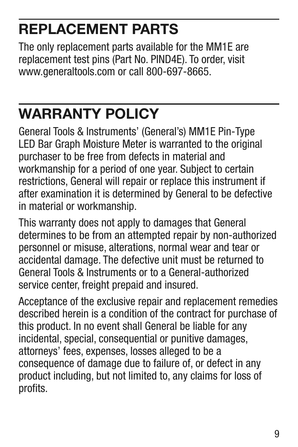 Replacement parts, Warranty policy | General Tools and Instruments MM1E v.1 User Manual | Page 9 / 32