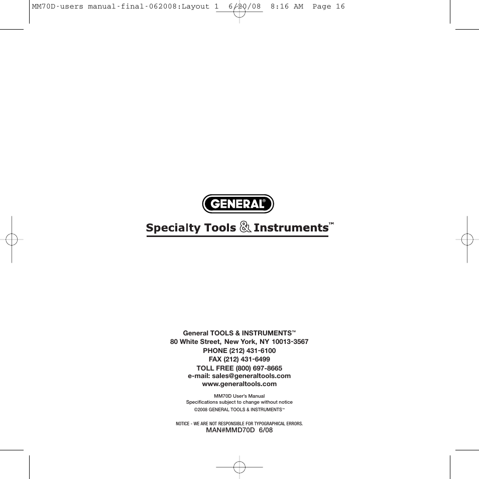 General Tools and Instruments MM70D User Manual | Page 16 / 16