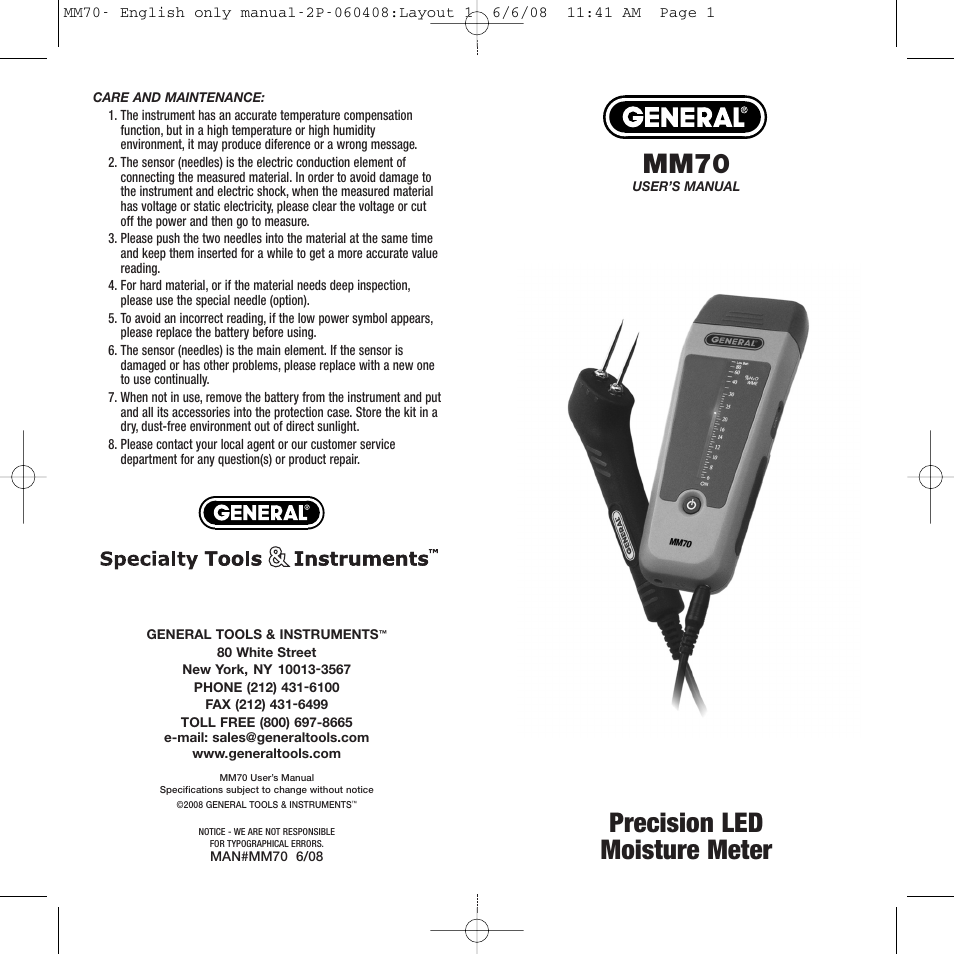 General Tools and Instruments MM70 User Manual | 2 pages