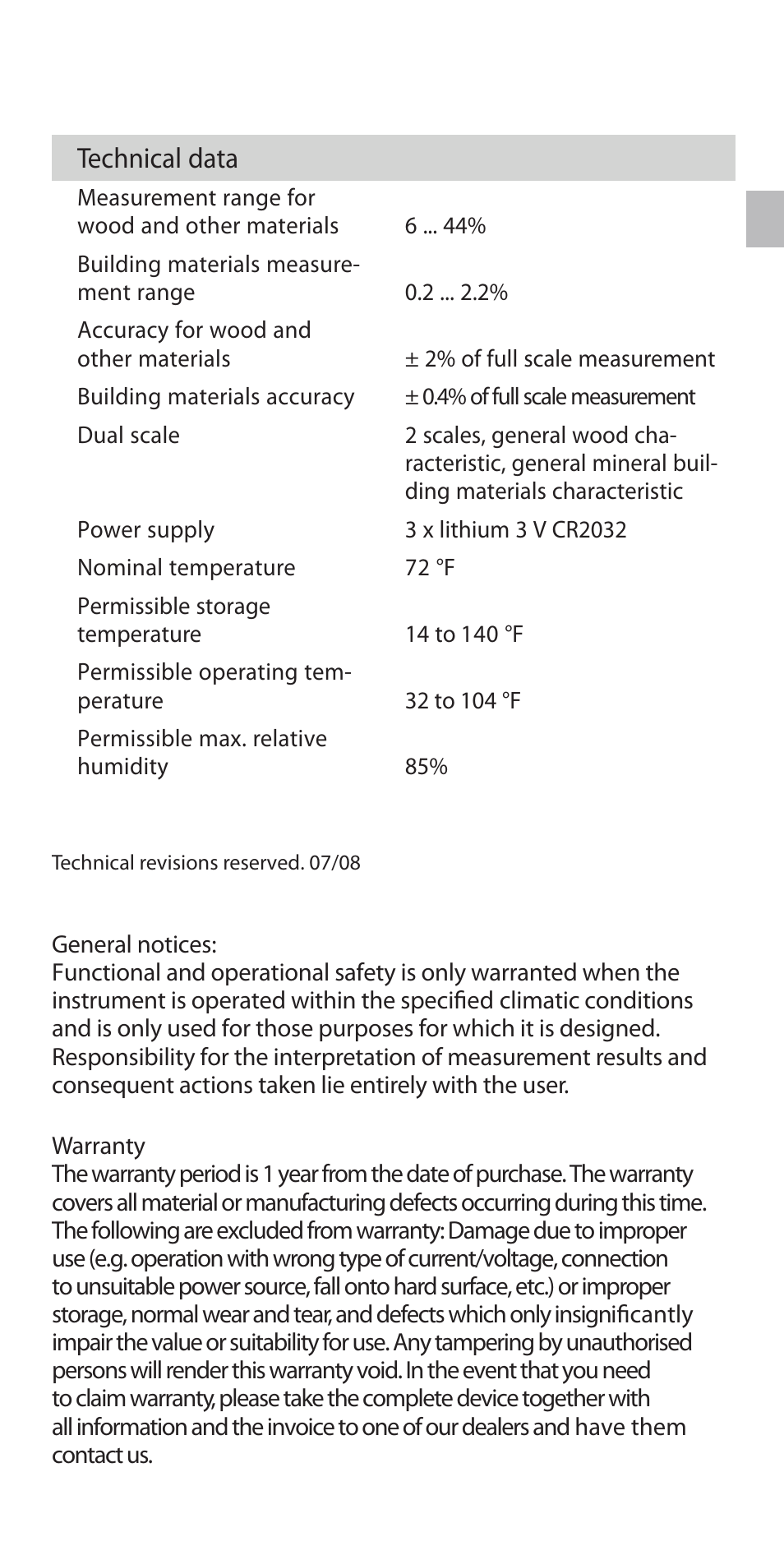 Technical data | General Tools and Instruments MM80G User Manual | Page 4 / 4