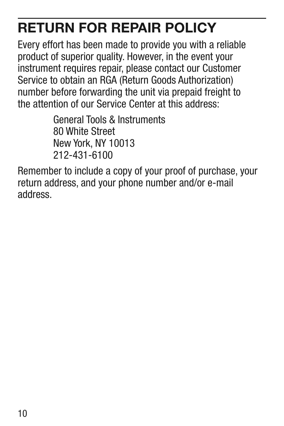 Return for repair policy | General Tools and Instruments MMD5NP User Manual | Page 10 / 32