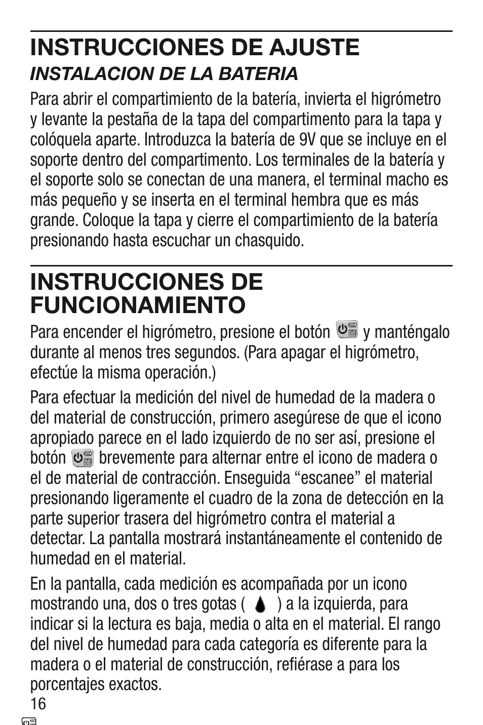 Instrucciones de ajuste, Instrucciones de funcionamiento | General Tools and Instruments MMD5NP User Manual | Page 16 / 32