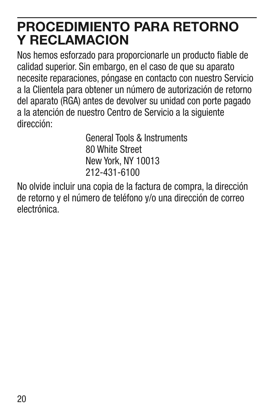 Procedimiento para retorno y reclamacion | General Tools and Instruments MMD5NP User Manual | Page 20 / 32