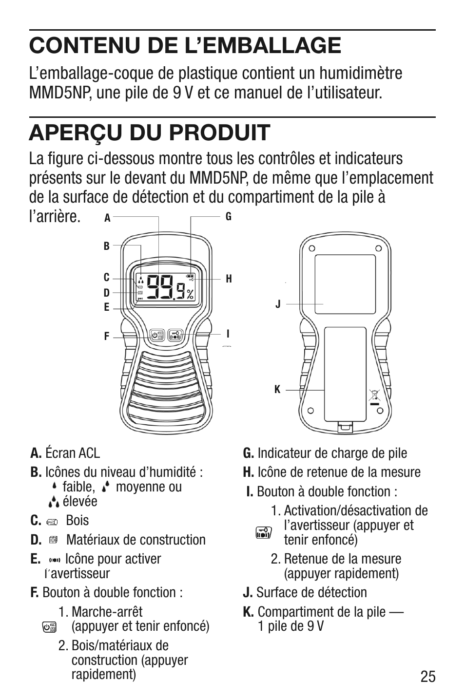 Contenu de l’emballage, Aperçu du produit | General Tools and Instruments MMD5NP User Manual | Page 25 / 32