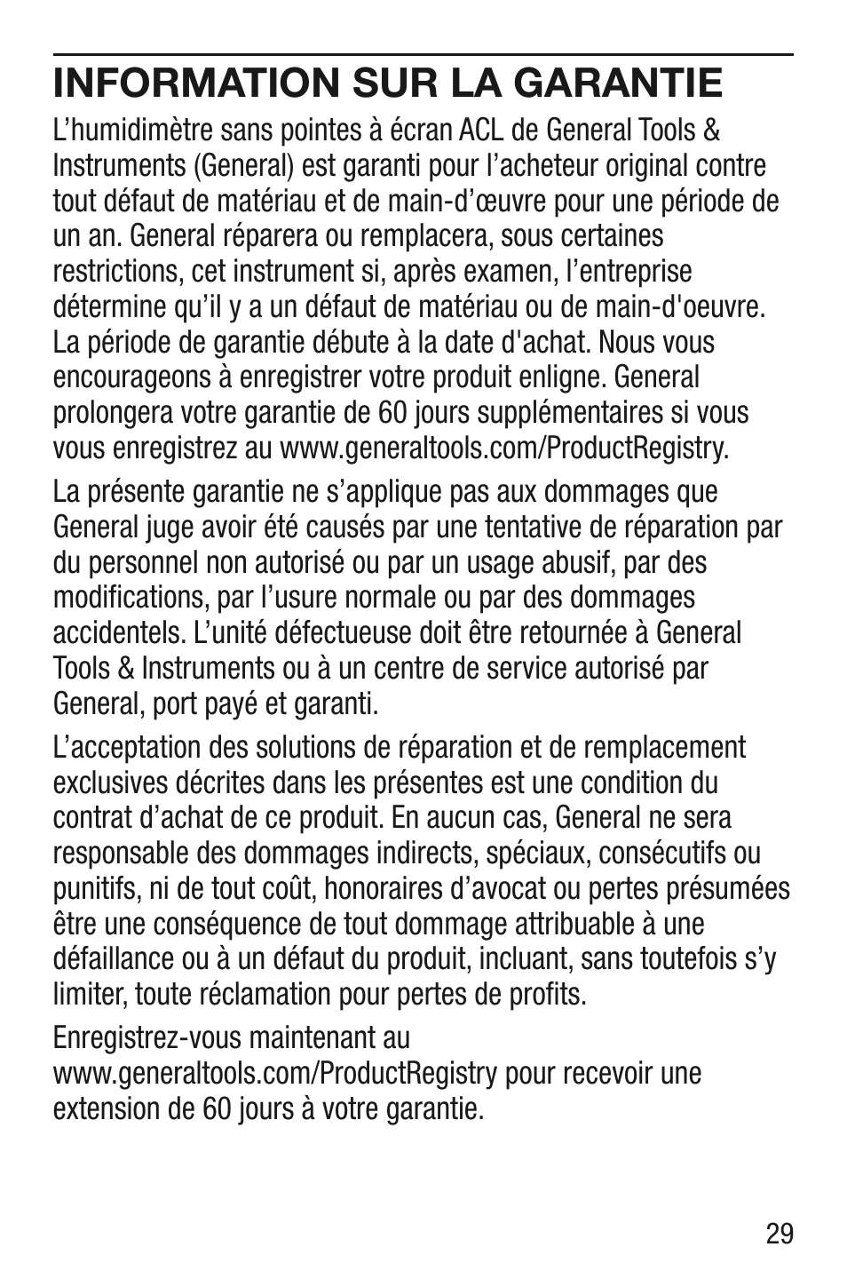 Information sur la garantie | General Tools and Instruments MMD5NP User Manual | Page 29 / 32