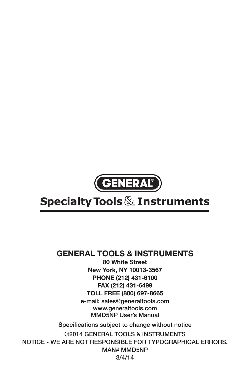General tools & instruments | General Tools and Instruments MMD5NP User Manual | Page 32 / 32