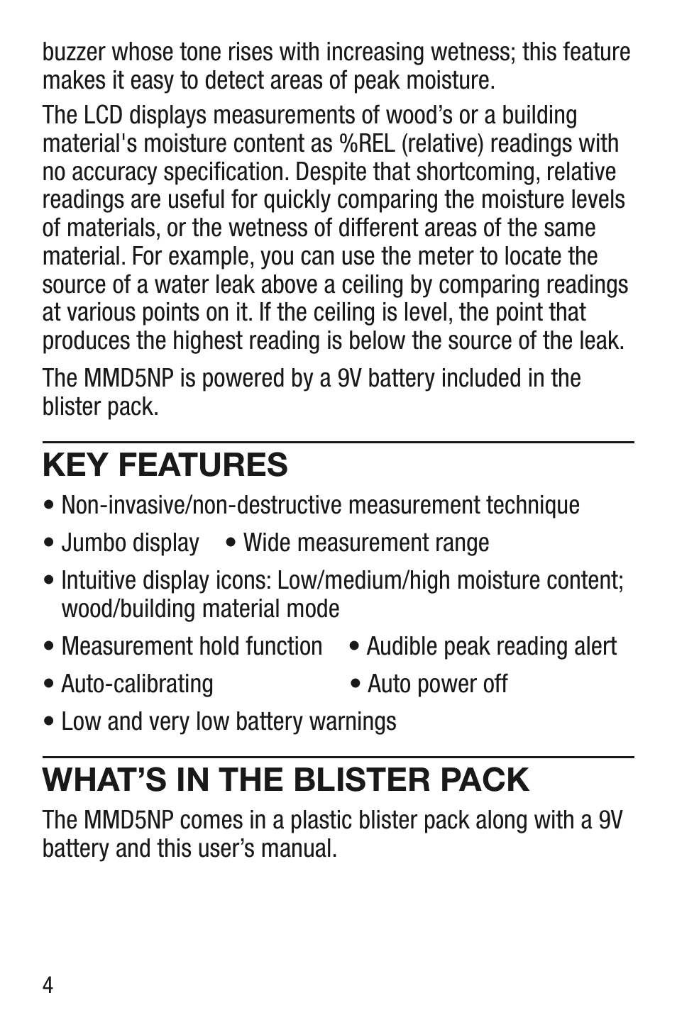 Key features, What’s in the blister pack | General Tools and Instruments MMD5NP User Manual | Page 4 / 32