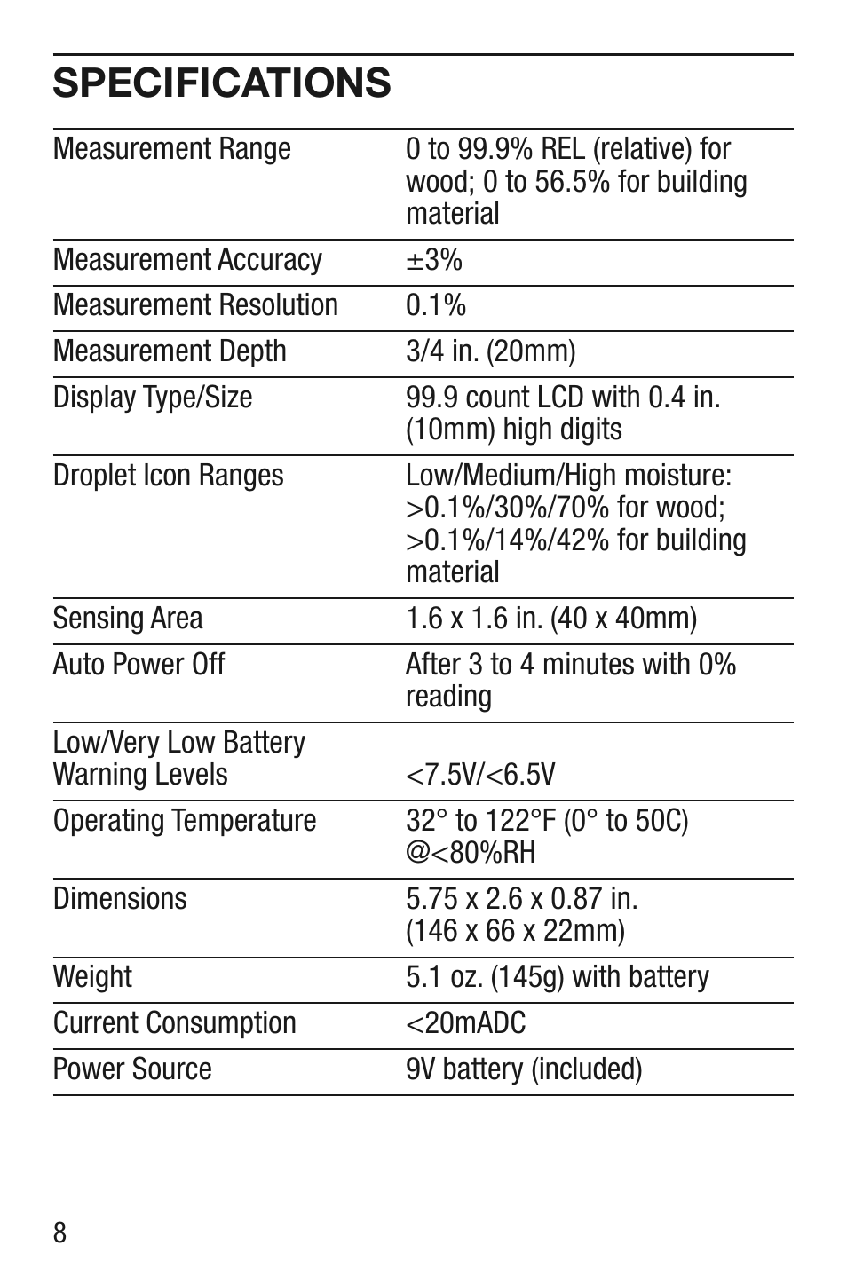 Specifications | General Tools and Instruments MMD5NP User Manual | Page 8 / 32