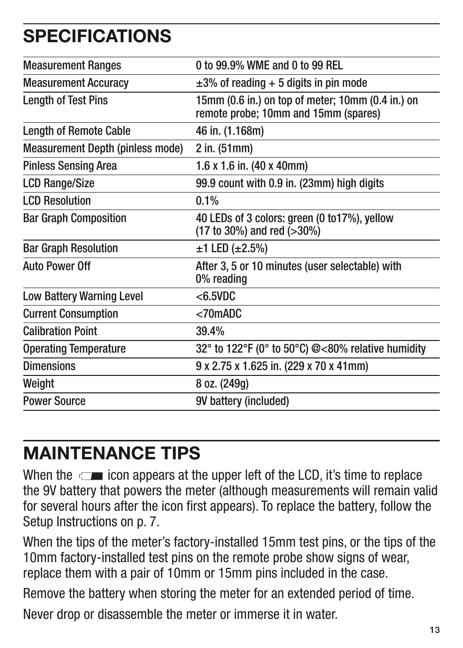 Specifications, Maintenance tips | General Tools and Instruments MMD900 User Manual | Page 13 / 16