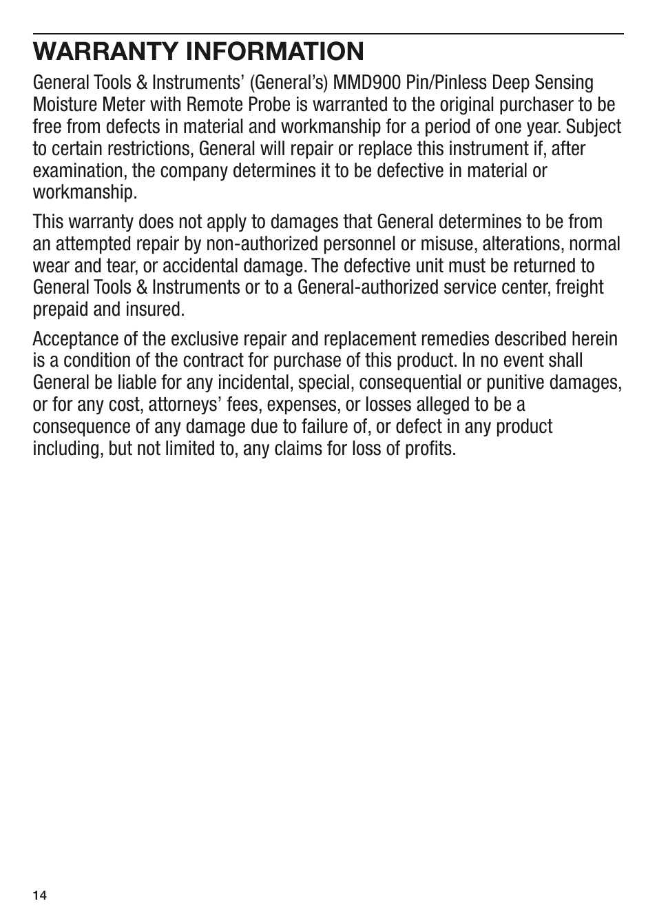 Warranty information | General Tools and Instruments MMD900 User Manual | Page 14 / 16