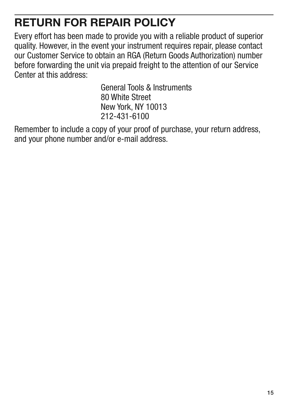 Return for repair policy | General Tools and Instruments MMD900 User Manual | Page 15 / 16