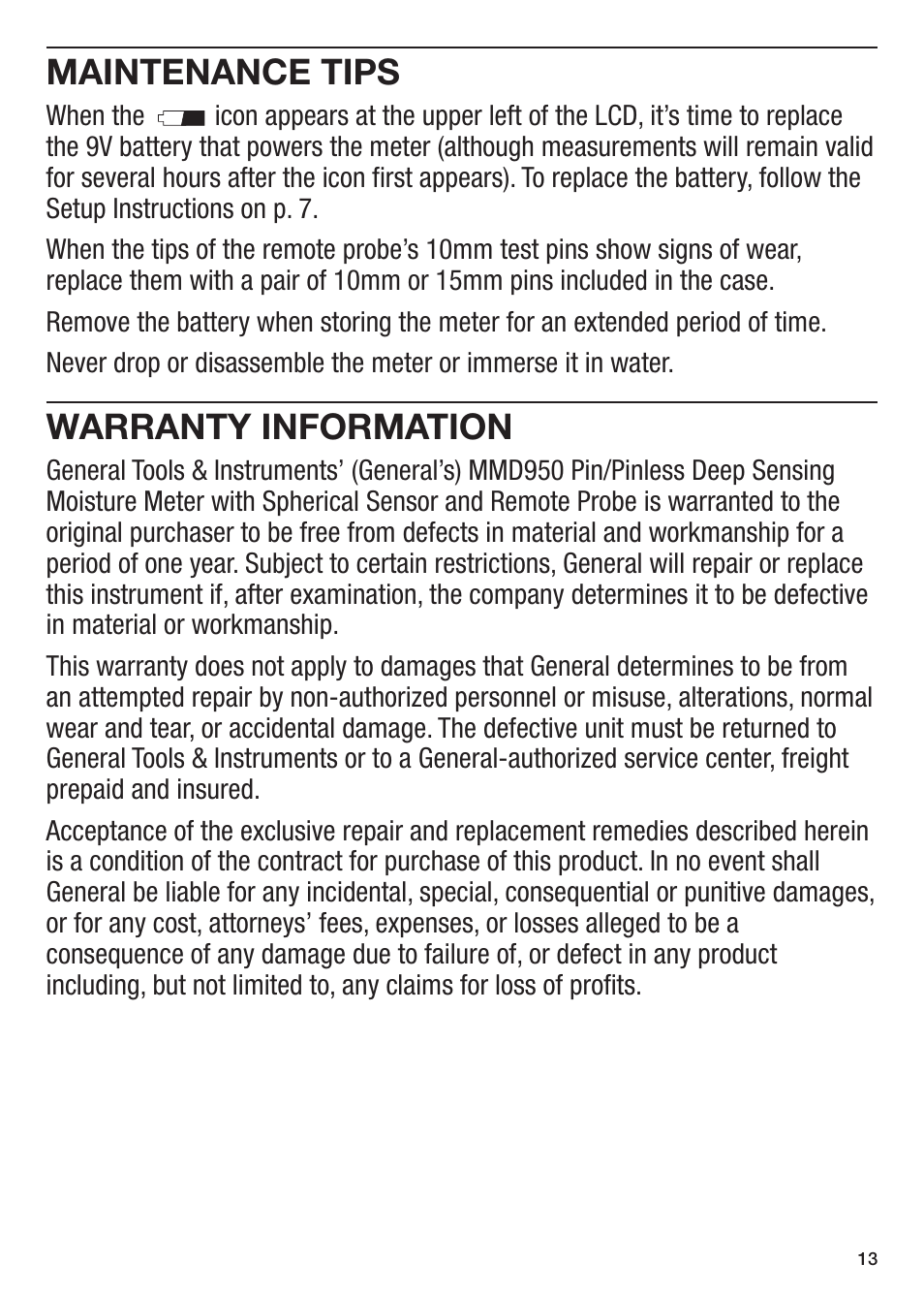 Maintenance tips, Warranty information | General Tools and Instruments MMD950 User Manual | Page 13 / 16
