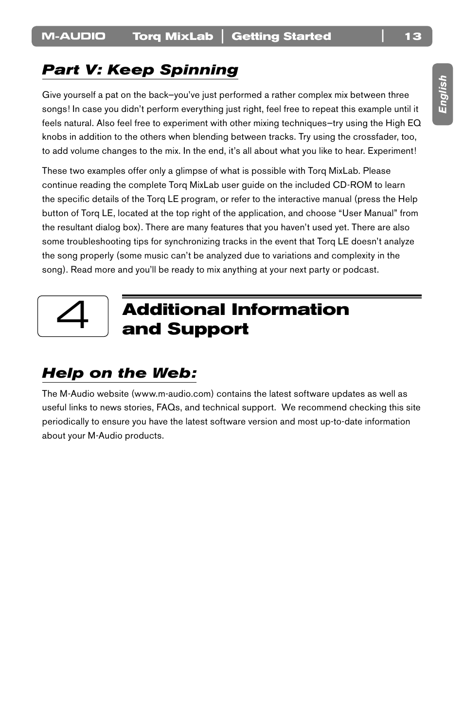 Part v: keep spinning, Additional information and support, Help on the web | M-AUDIO Torq LE (MixLab) User Manual | Page 14 / 16