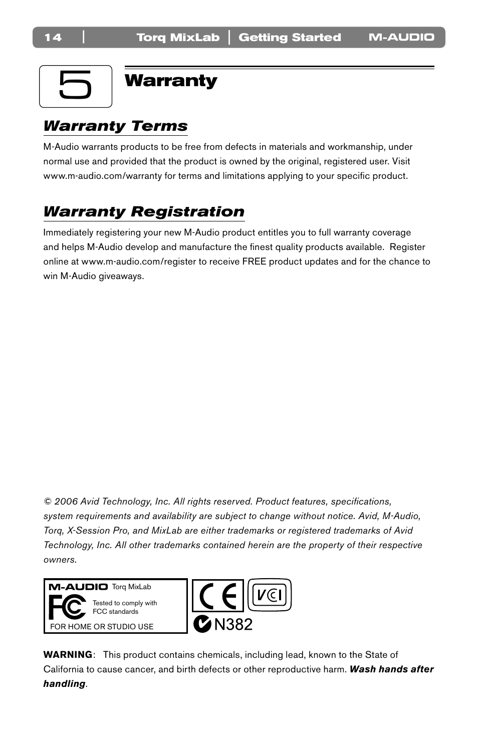 Warranty, Warranty terms, Warranty registration | M-AUDIO Torq LE (MixLab) User Manual | Page 15 / 16