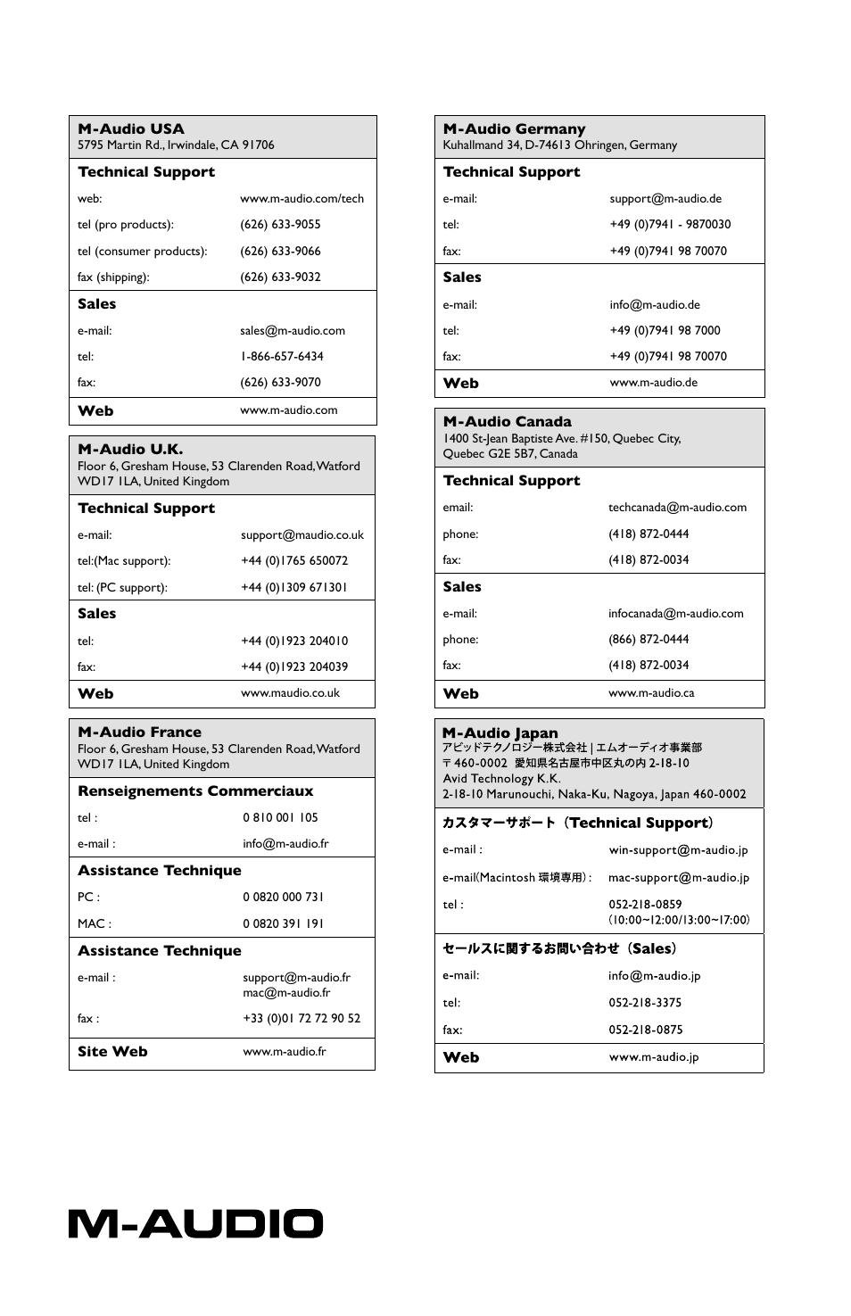 Contact | M-AUDIO Torq LE (MixLab) User Manual | Page 16 / 16