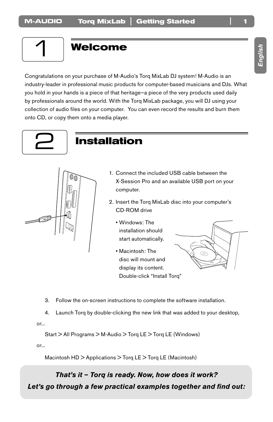 Welcome, Installation | M-AUDIO Torq LE (MixLab) User Manual | Page 2 / 16