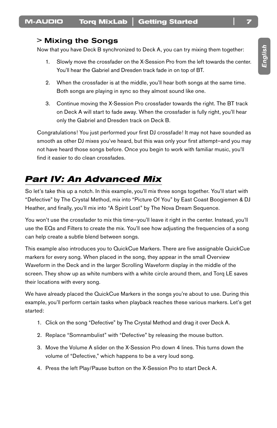 Part iv: an advanced mix, Mixing the songs | M-AUDIO Torq LE (MixLab) User Manual | Page 8 / 16