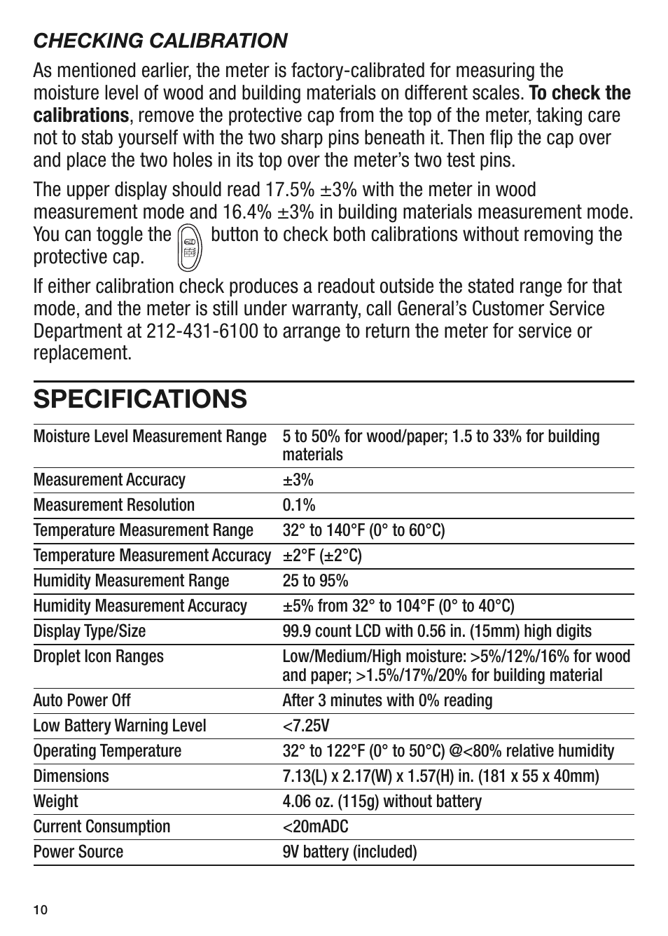Specifications | General Tools and Instruments MMH800 User Manual | Page 10 / 12
