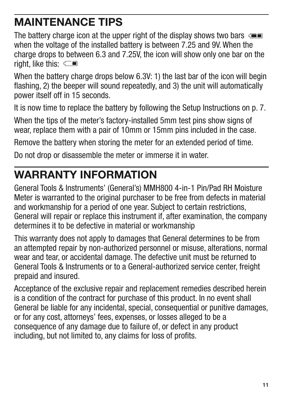 Maintenance tips, Warranty information | General Tools and Instruments MMH800 User Manual | Page 11 / 12