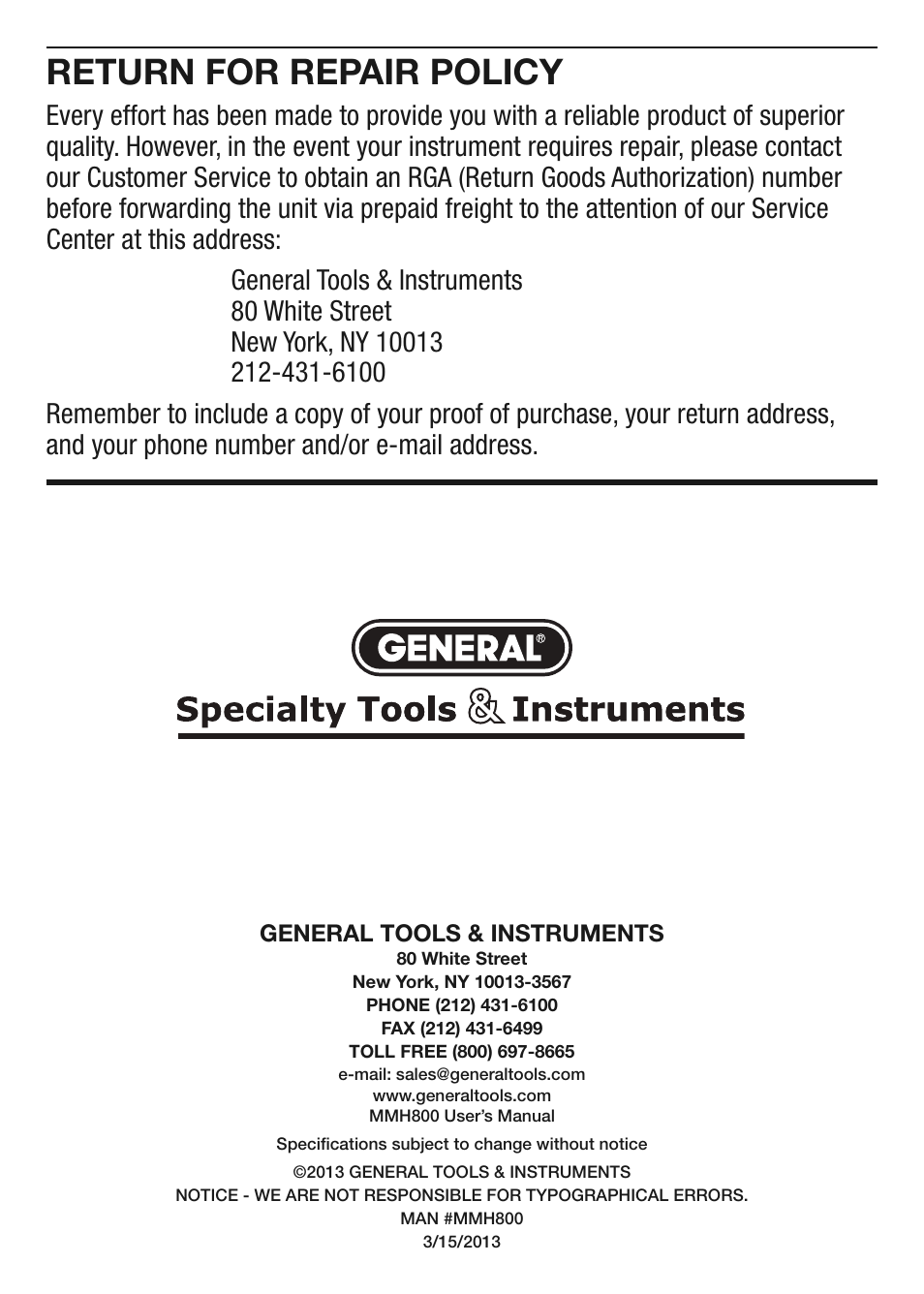 Return for repair policy | General Tools and Instruments MMH800 User Manual | Page 12 / 12