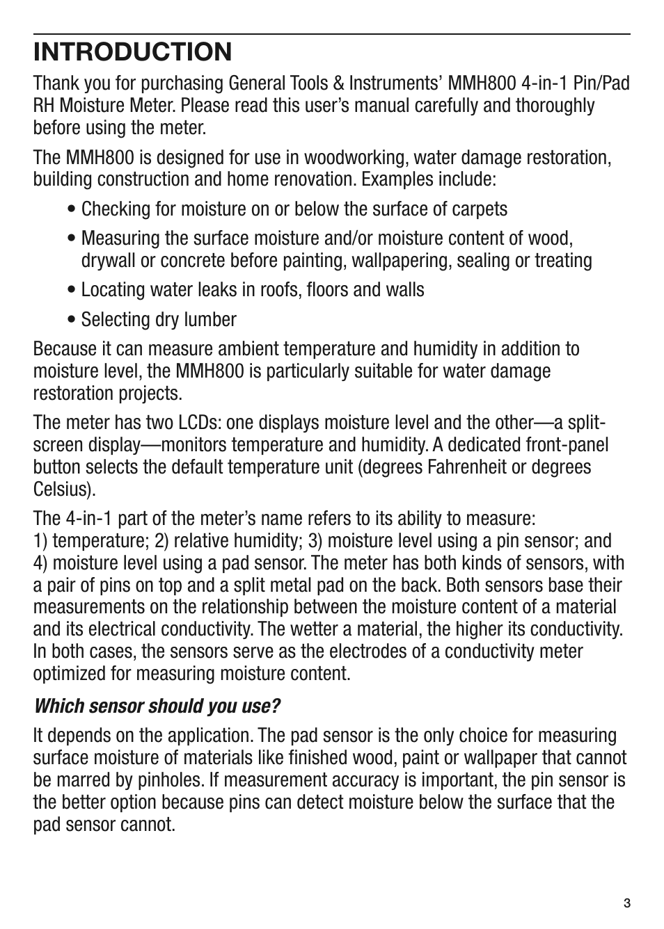 Introduction | General Tools and Instruments MMH800 User Manual | Page 3 / 12