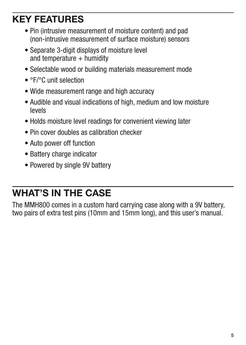 Key features, What’s in the case | General Tools and Instruments MMH800 User Manual | Page 5 / 12