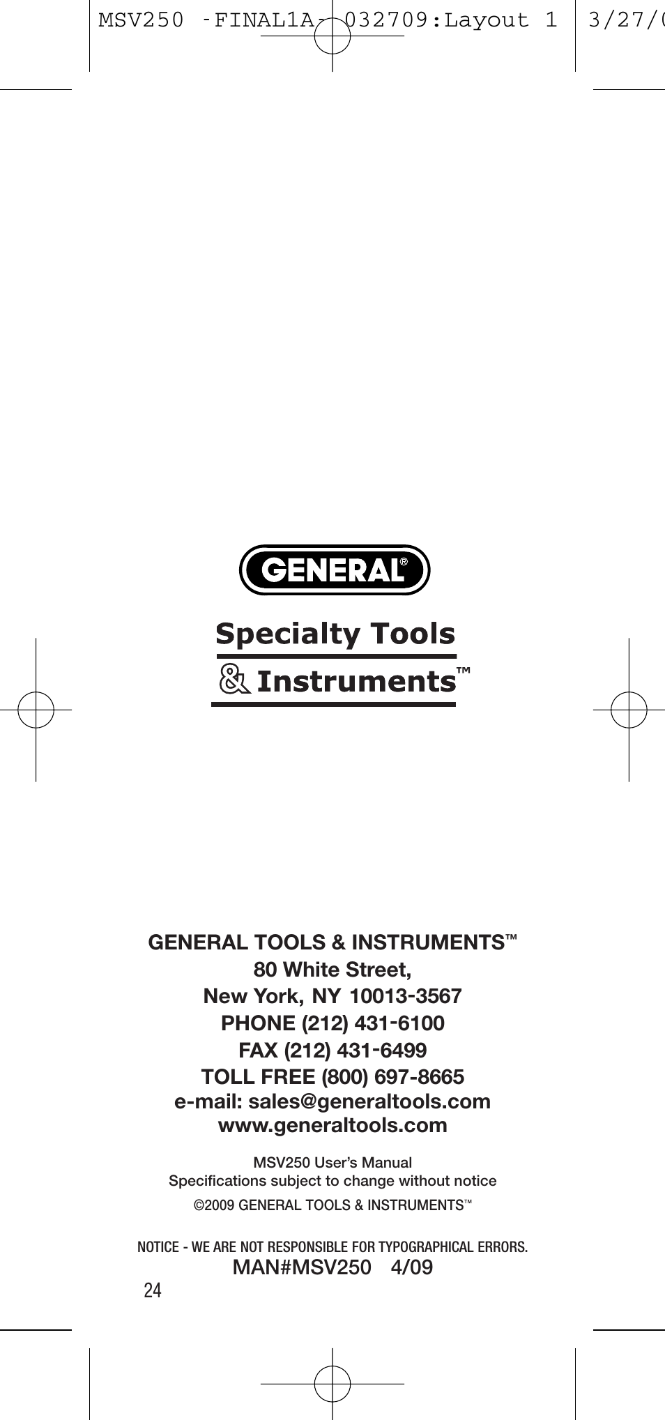 General Tools and Instruments MSV250 User Manual | Page 24 / 24