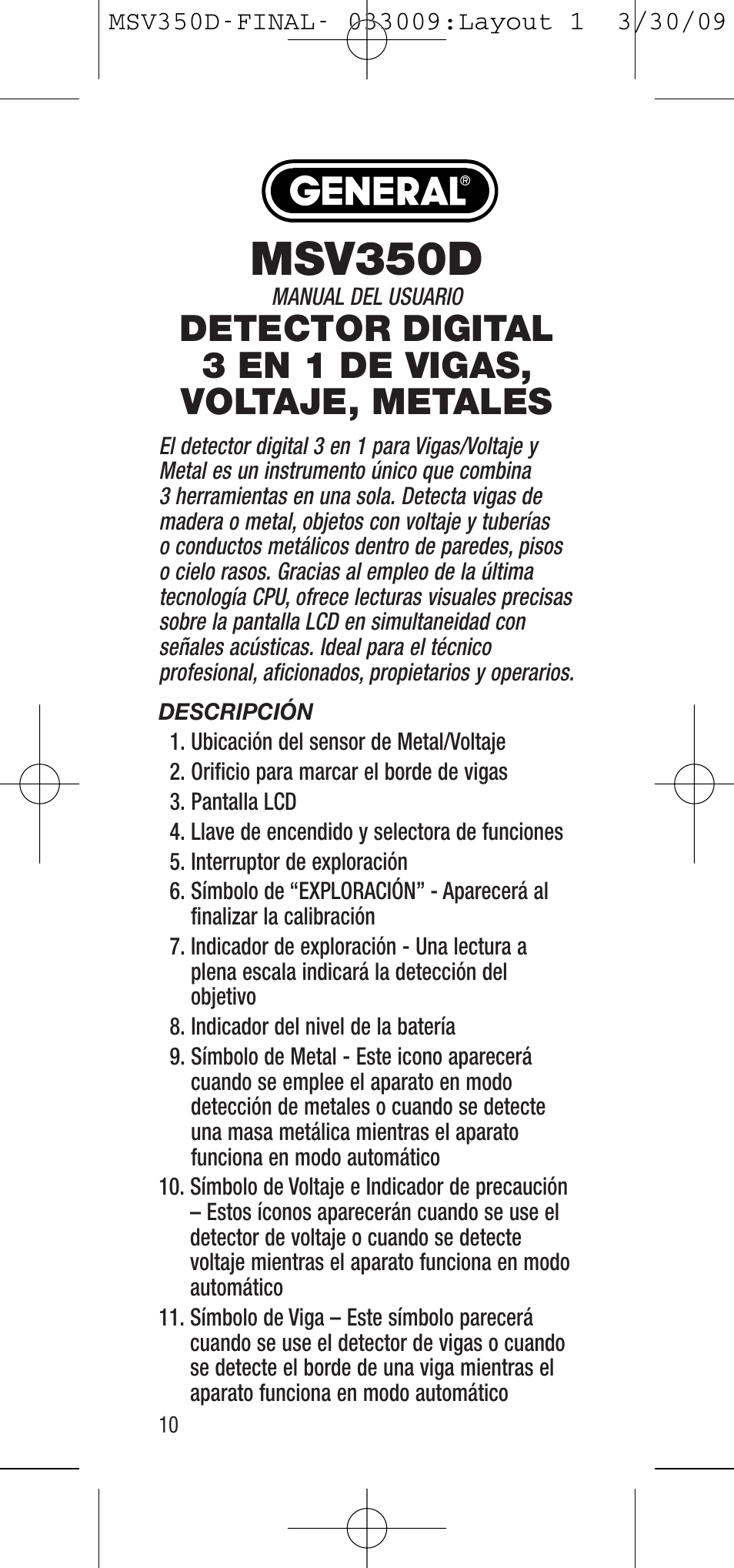 Msv350d, Detector digital 3 en 1 de vigas, voltaje, metales | General Tools and Instruments MSV350D User Manual | Page 10 / 28