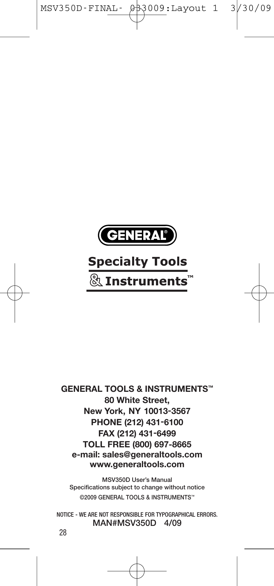 General Tools and Instruments MSV350D User Manual | Page 28 / 28