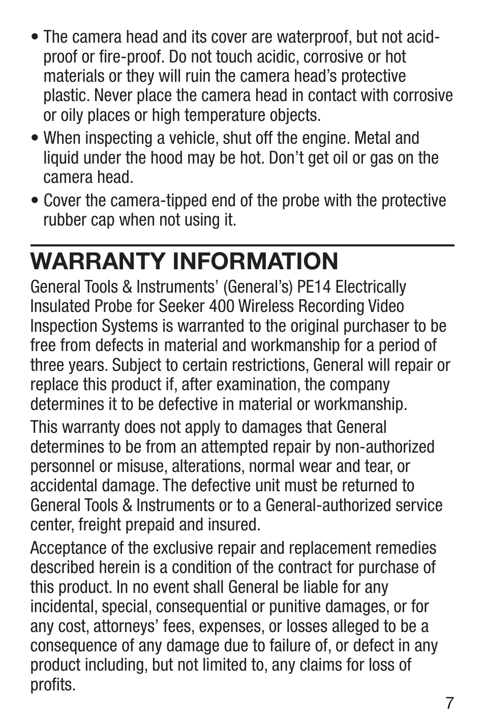 Warranty information | General Tools and Instruments PE-14 User Manual | Page 7 / 8
