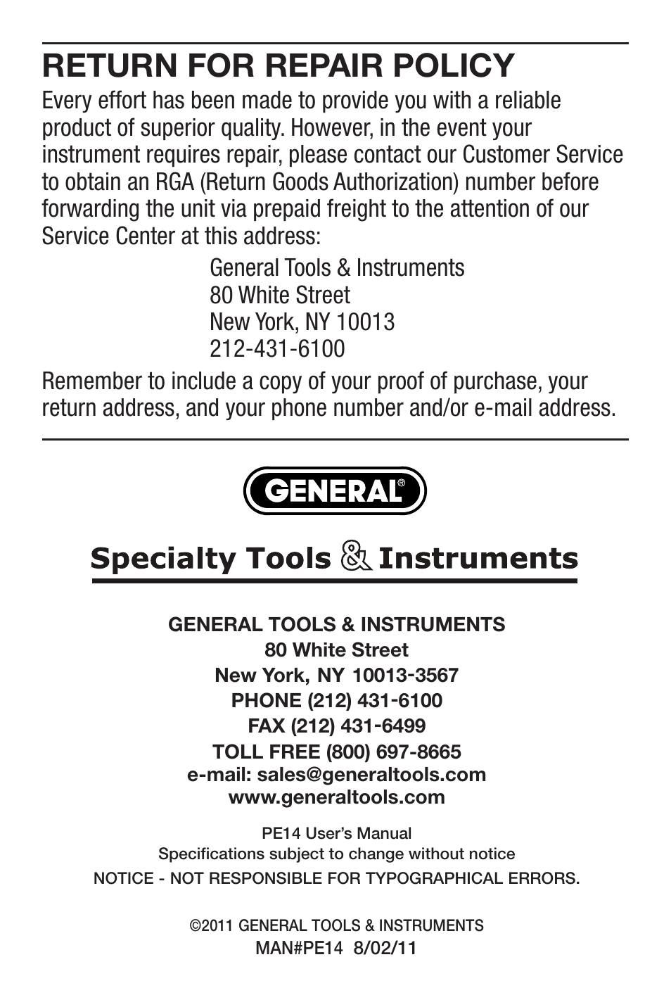 Return for repair policy | General Tools and Instruments PE-14 User Manual | Page 8 / 8