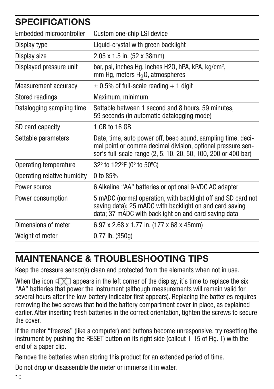 Specifications, Maintenance & troubleshooting tips | General Tools and Instruments PM930SD User Manual | Page 10 / 12