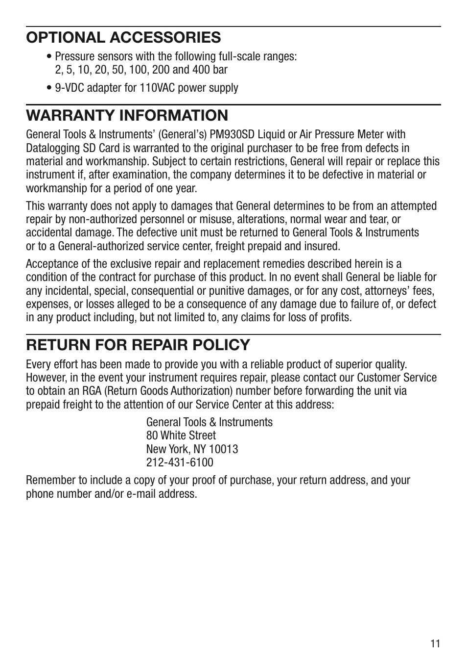 Optional accessories, Warranty information, Return for repair policy | General Tools and Instruments PM930SD User Manual | Page 11 / 12