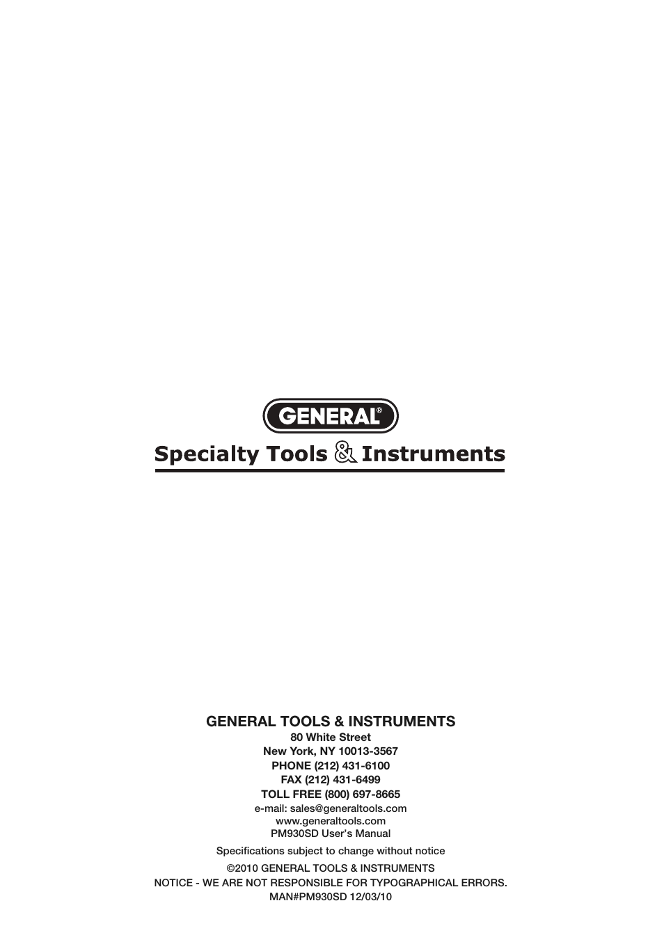 General tools & instruments | General Tools and Instruments PM930SD User Manual | Page 12 / 12