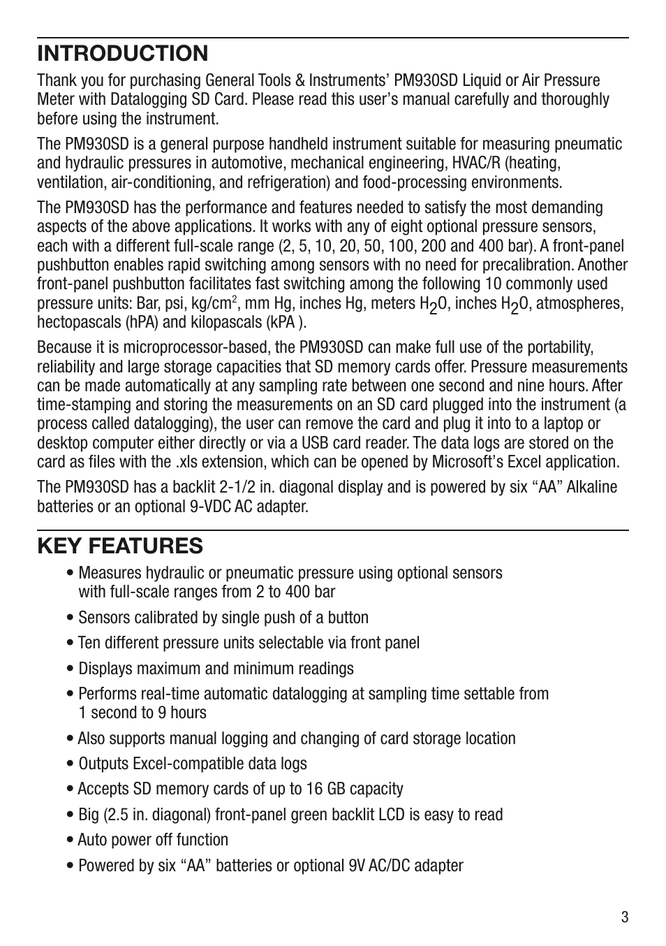 Introduction, Key features | General Tools and Instruments PM930SD User Manual | Page 3 / 12