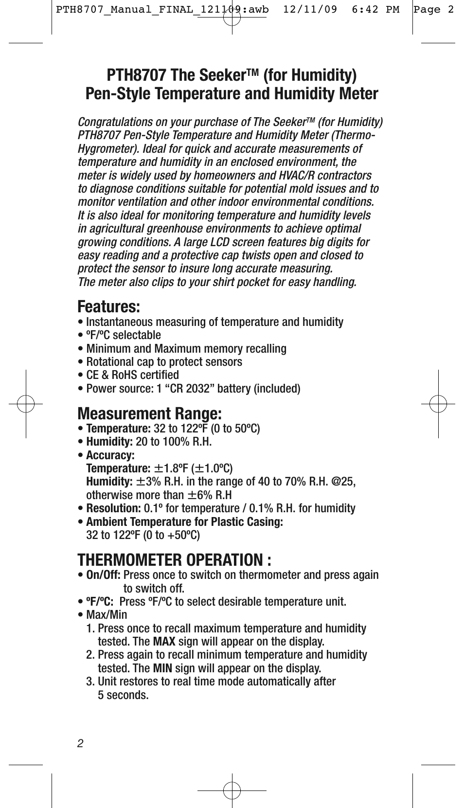 Pth8707 the seeker, Features, Measurement range | Thermometer operation | General Tools and Instruments PTH8707 User Manual | Page 2 / 4