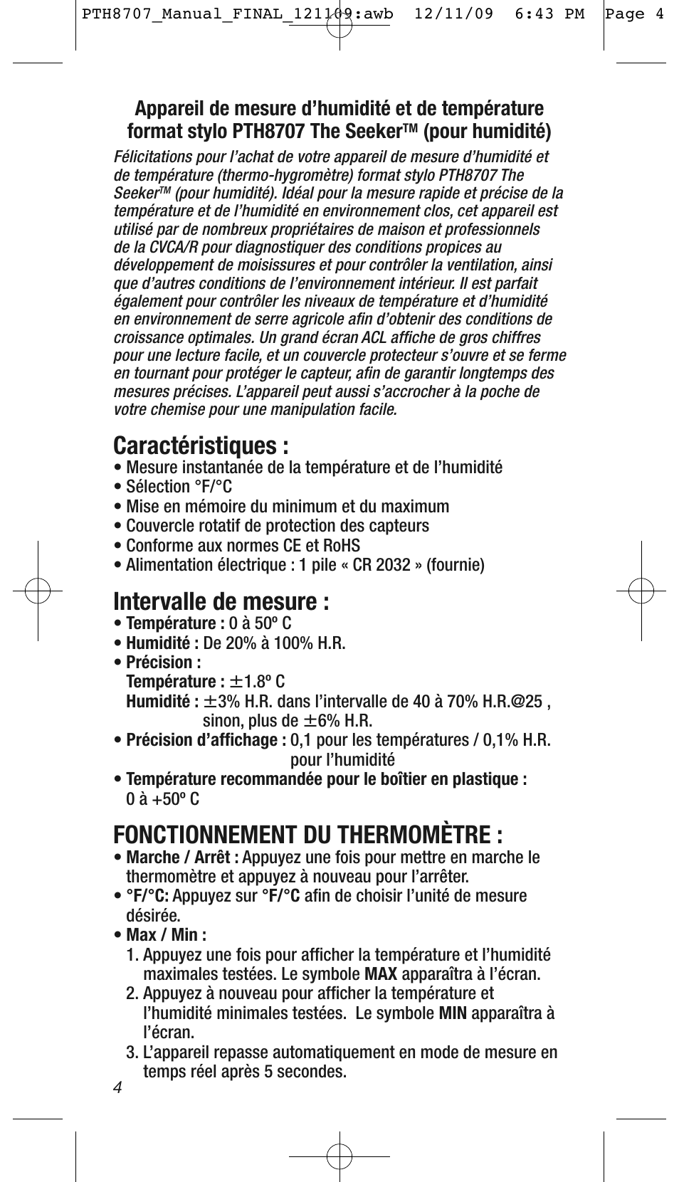 Caractéristiques, Intervalle de mesure, Fonctionnement du thermomètre | Pour humidité) | General Tools and Instruments PTH8707 User Manual | Page 4 / 4