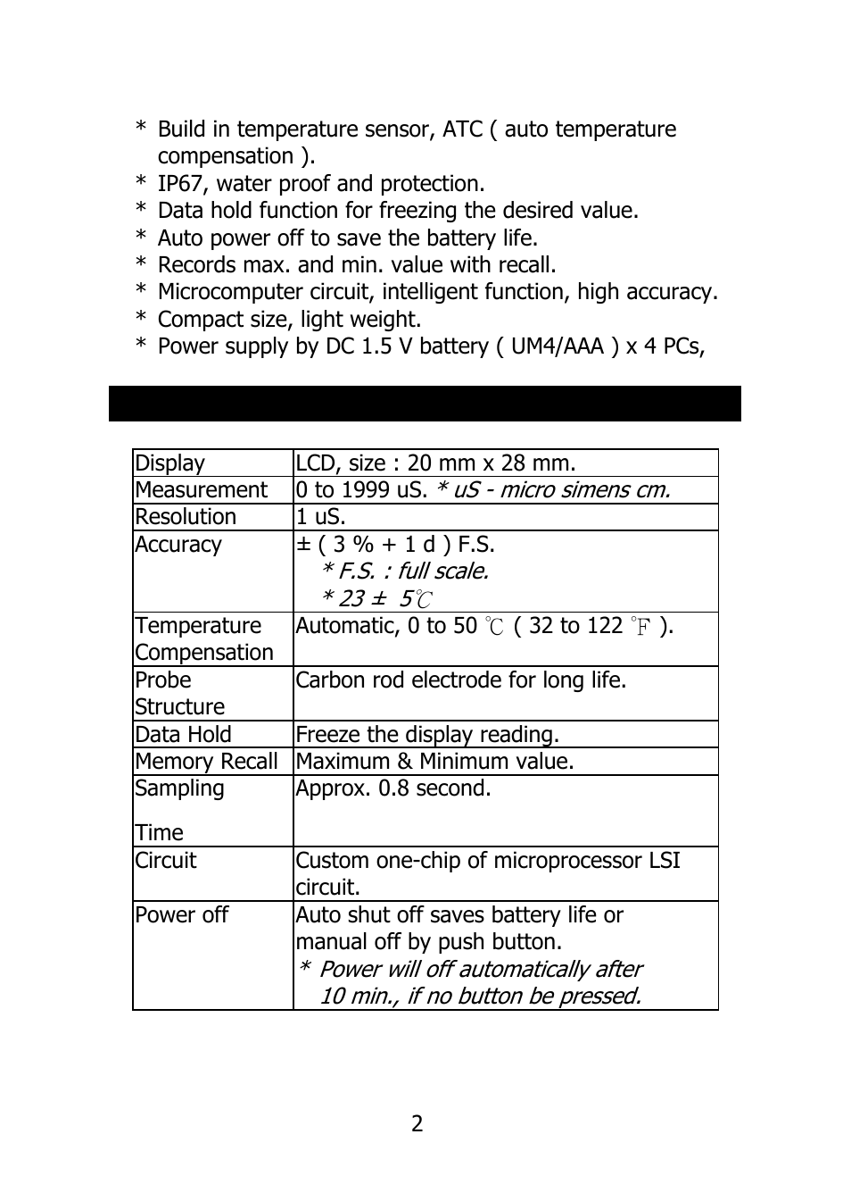 Specifications | General Tools and Instruments PWM301 User Manual | Page 4 / 12