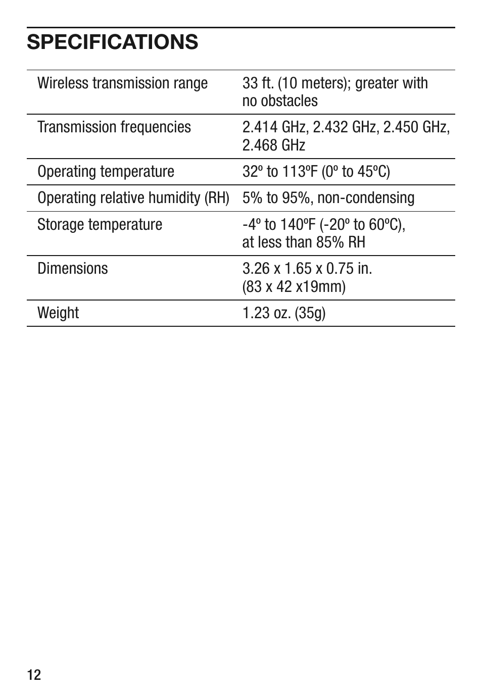 Specifications | General Tools and Instruments RCV100 User Manual | Page 12 / 16