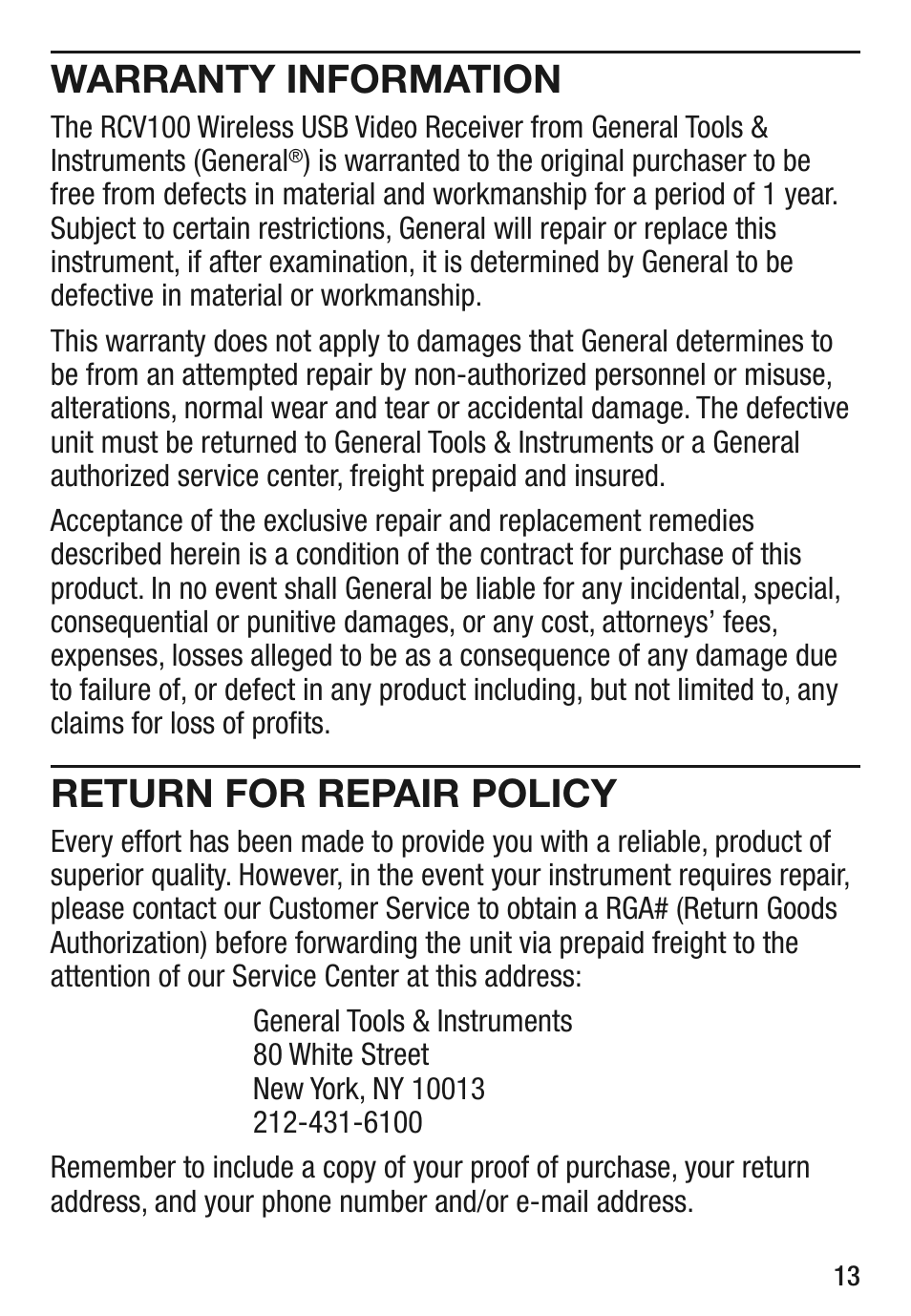 Warranty information, Return for repair policy | General Tools and Instruments RCV100 User Manual | Page 13 / 16
