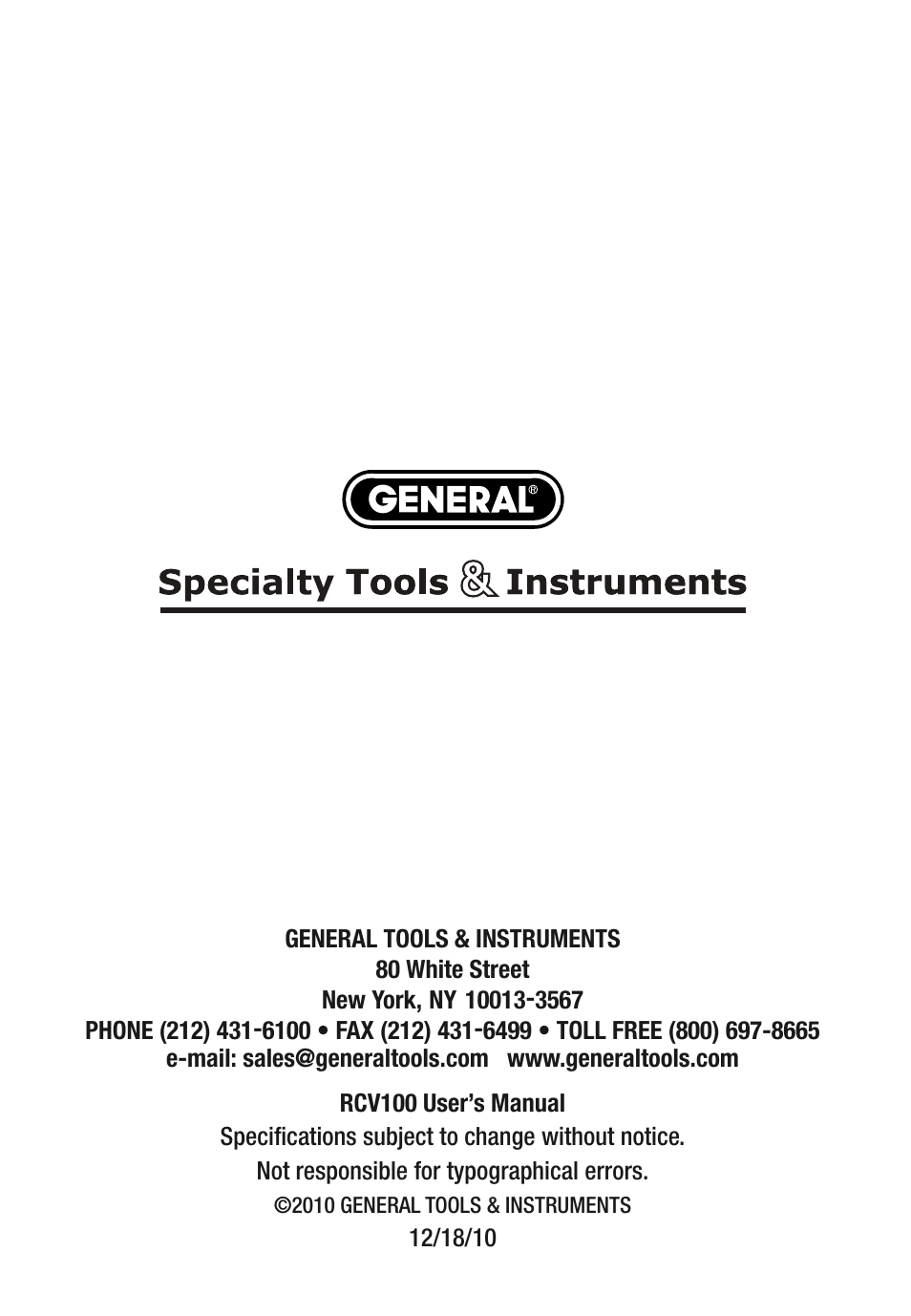 General Tools and Instruments RCV100 User Manual | Page 16 / 16
