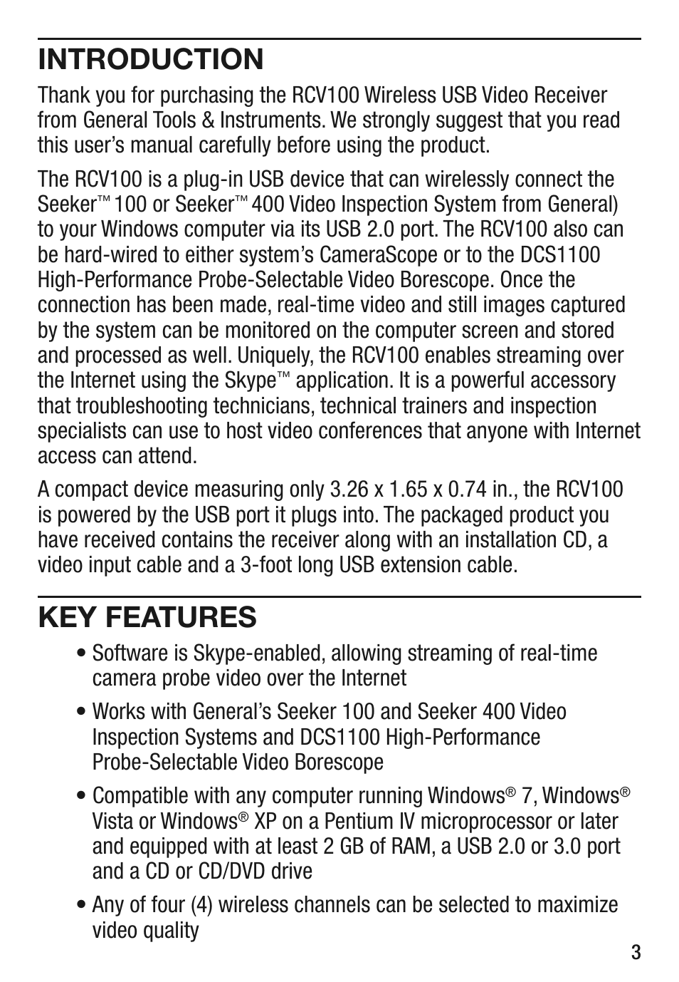 Introduction, Key features | General Tools and Instruments RCV100 User Manual | Page 3 / 16