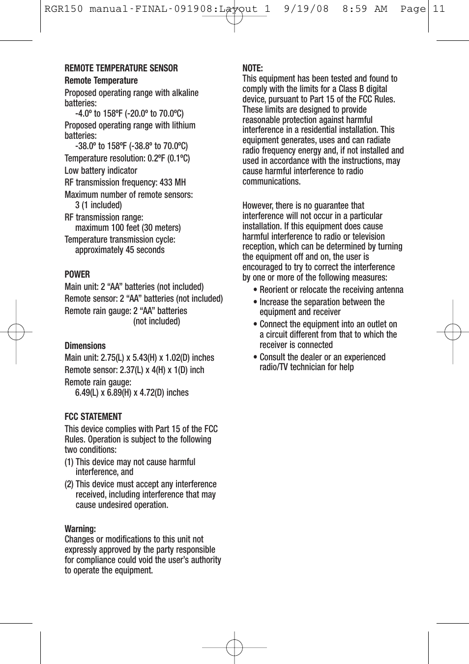 General Tools and Instruments RGR150 User Manual | Page 11 / 12