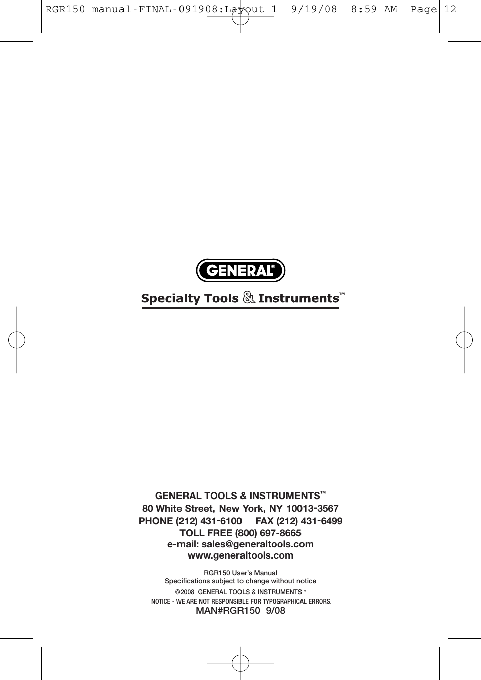 General Tools and Instruments RGR150 User Manual | Page 12 / 12