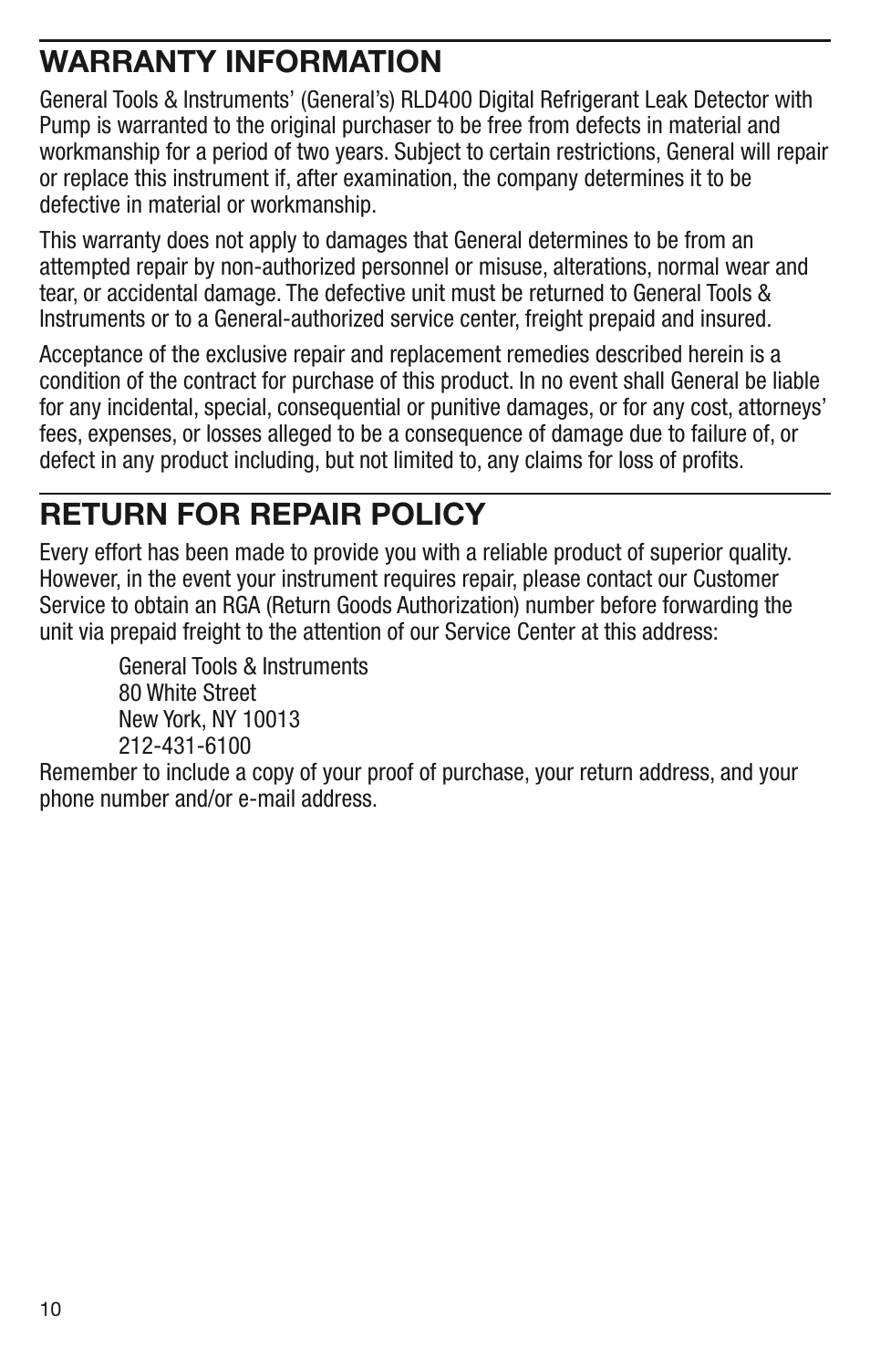 Warranty information, Return for repair policy | General Tools and Instruments RLD400 User Manual | Page 10 / 12