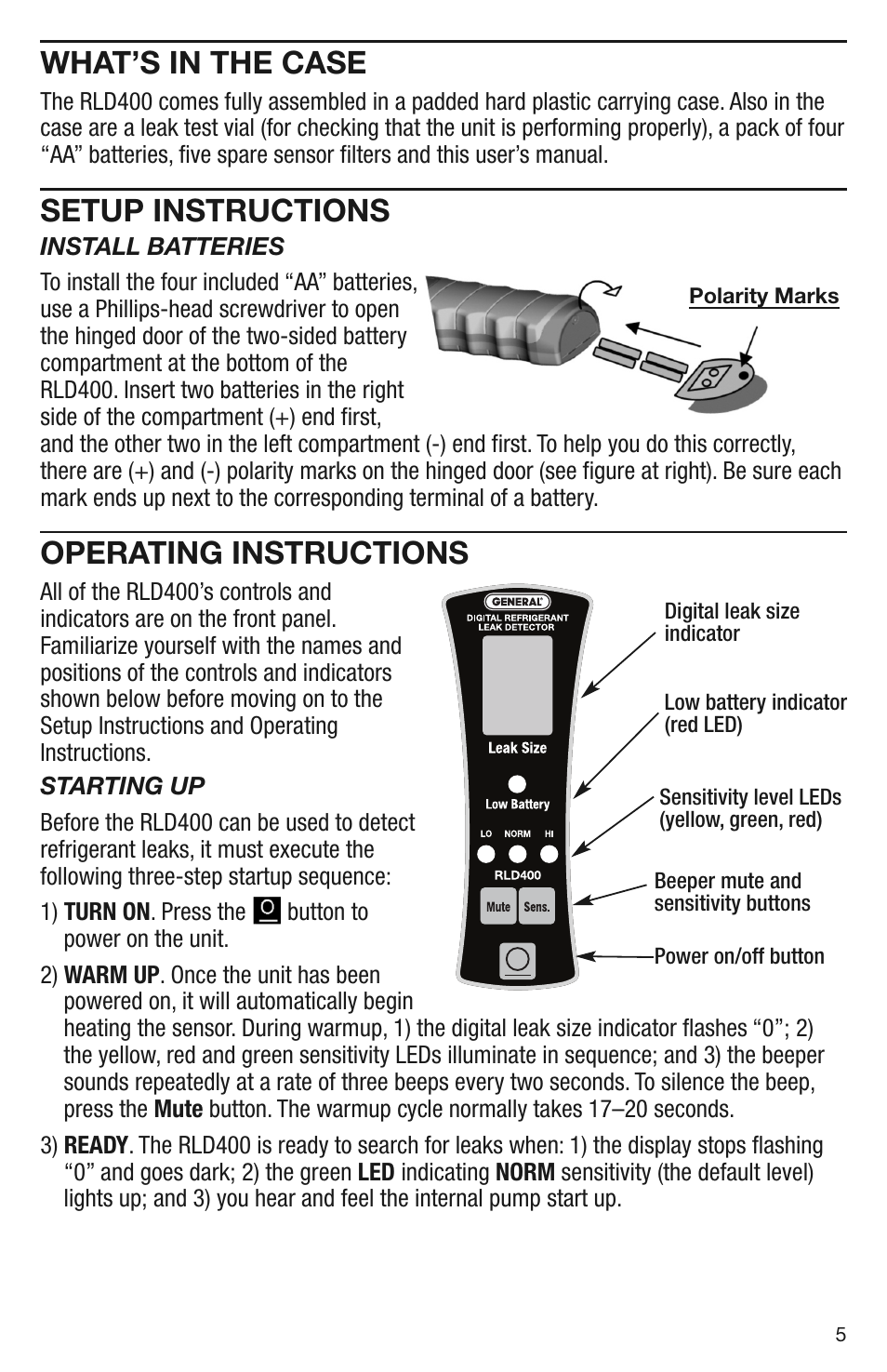 What’s in the case, Setup instructions, Operating instructions | General Tools and Instruments RLD400 User Manual | Page 5 / 12