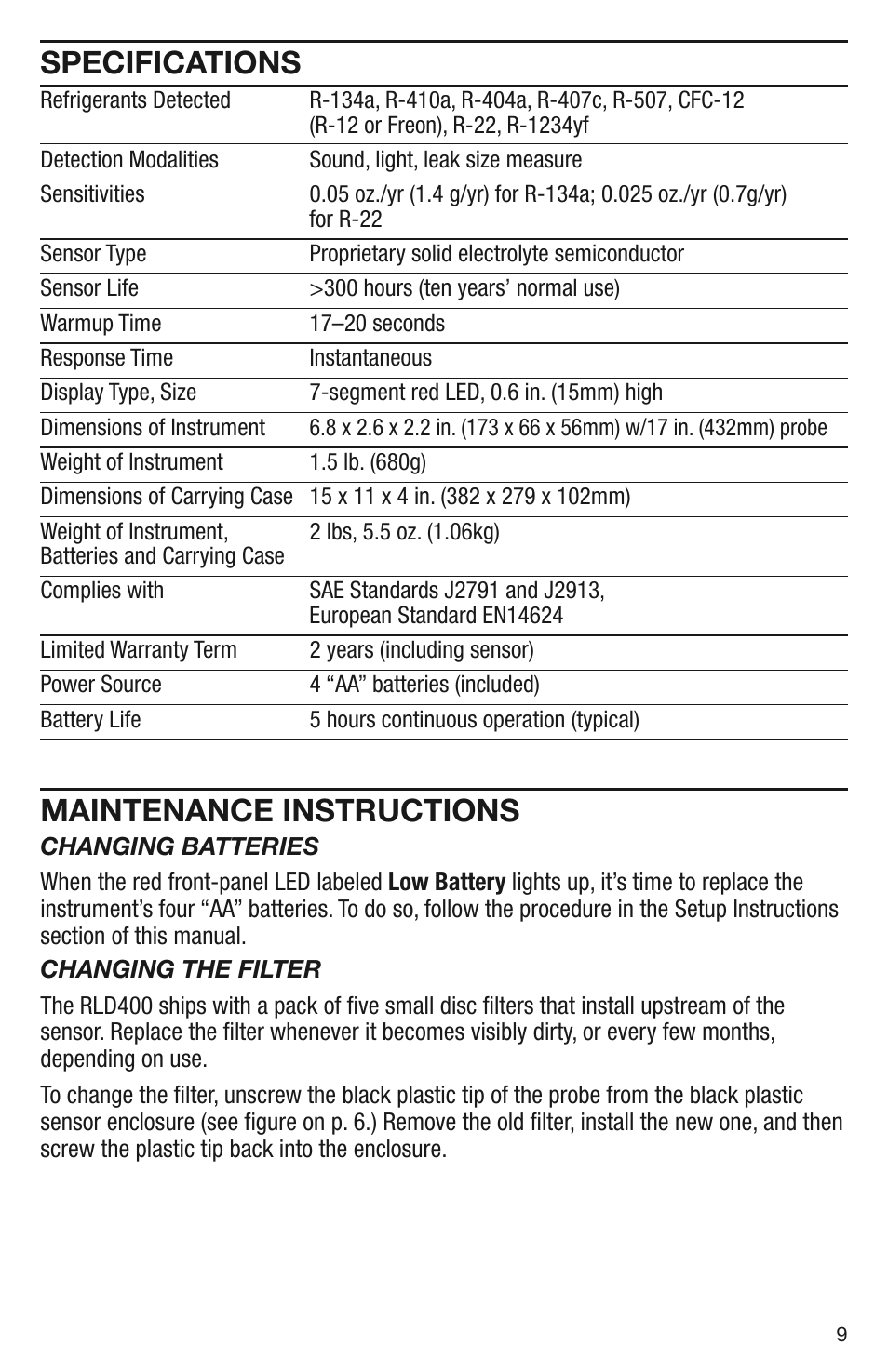Specifications, Maintenance instructions | General Tools and Instruments RLD400 User Manual | Page 9 / 12