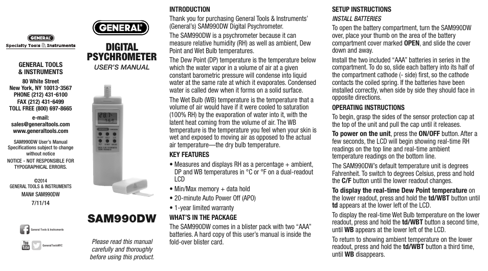 General Tools and Instruments SAM990DW User Manual | 2 pages