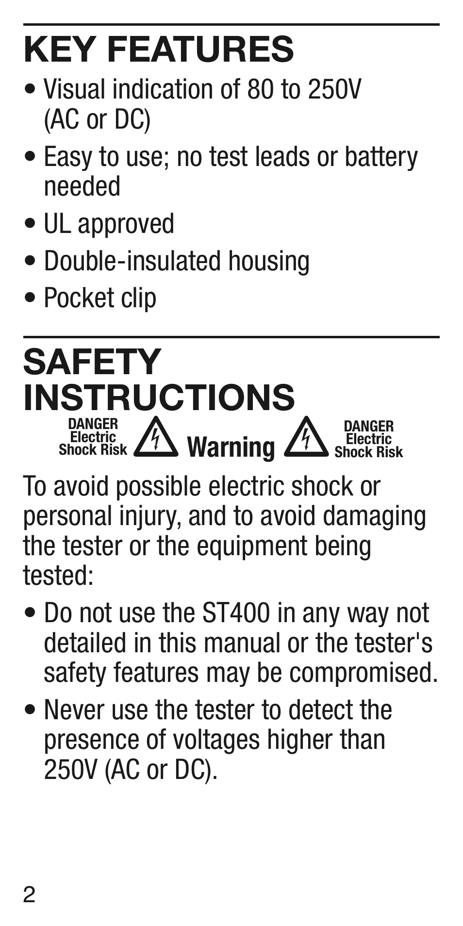 Key features, Safety instructions | General Tools and Instruments ST400 v.2 User Manual | Page 2 / 8